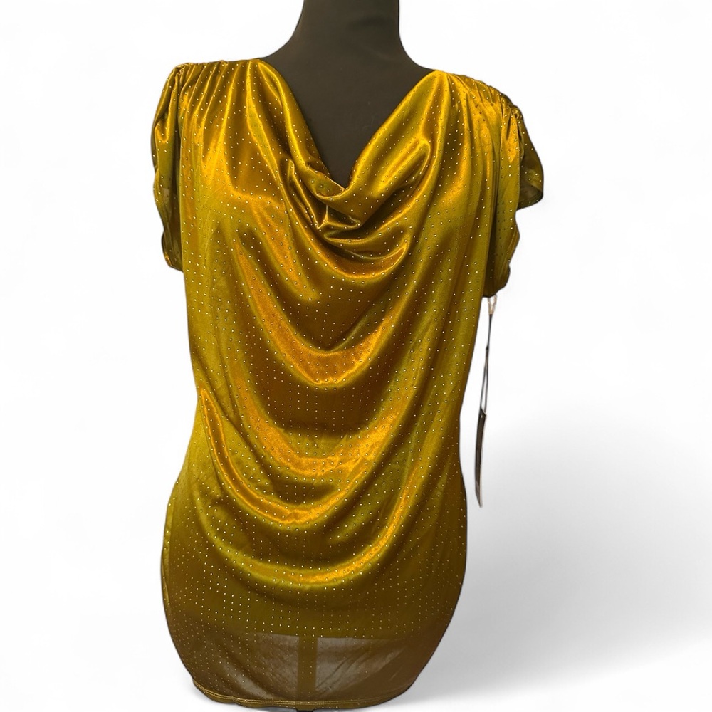 NWT Jennifer Lopez Metallic Gold Drape Blouse Sparkle Detail Evening Glam SZ M